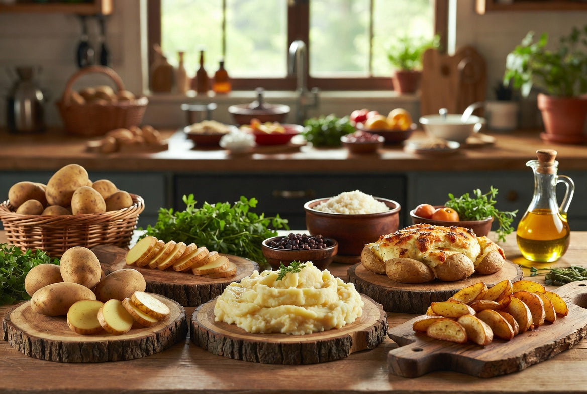 Potato dishes showing naturally gluten-free meal ingredients on table.