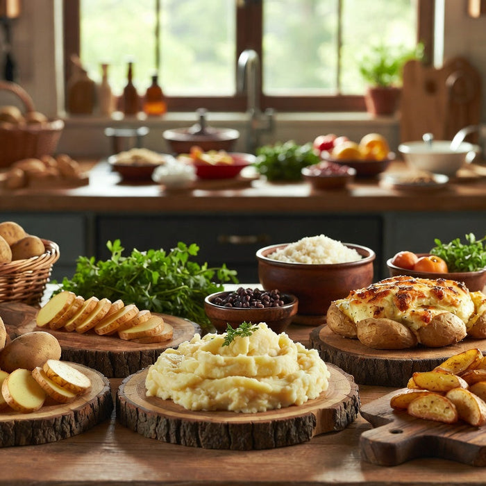Potato dishes showing naturally gluten-free meal ingredients on table.