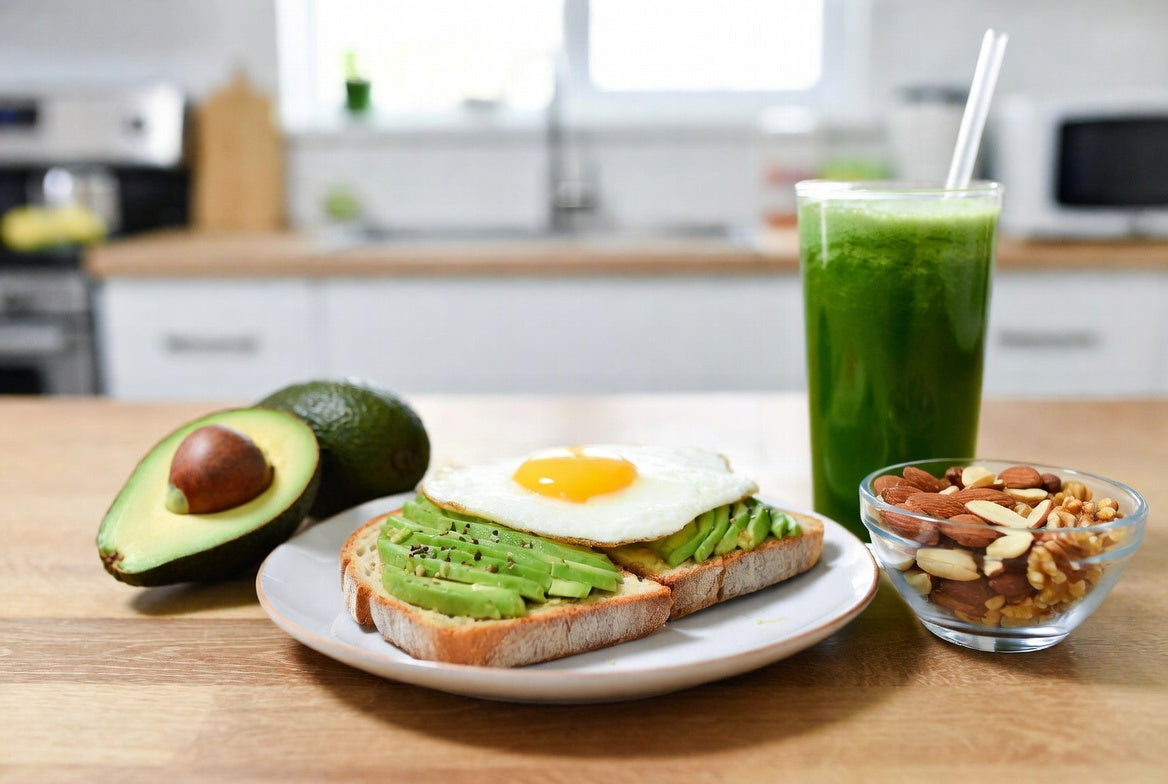 Avocado toast with egg, smoothie, and nuts on kitchen table