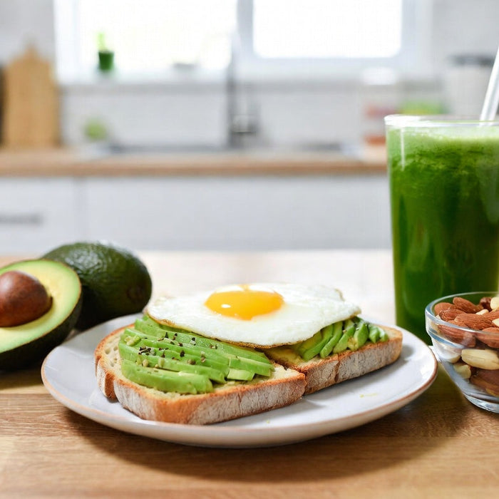 Avocado toast with egg, smoothie, and nuts on kitchen table