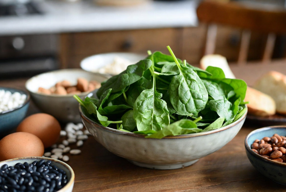 Fresh spinach leaves with eggs, beans and nuts on wooden table