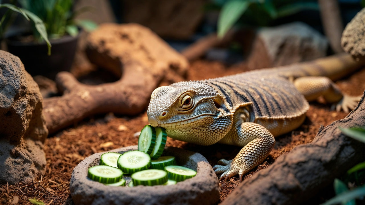 Bearded dragon eating cucumber slices from stone dish in habitat home