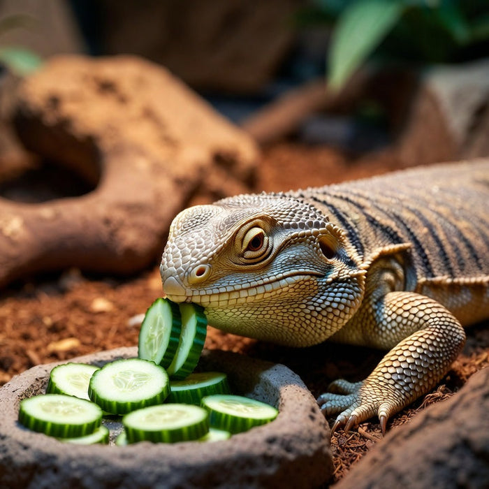 Bearded dragon eating cucumber slices from stone dish in habitat home