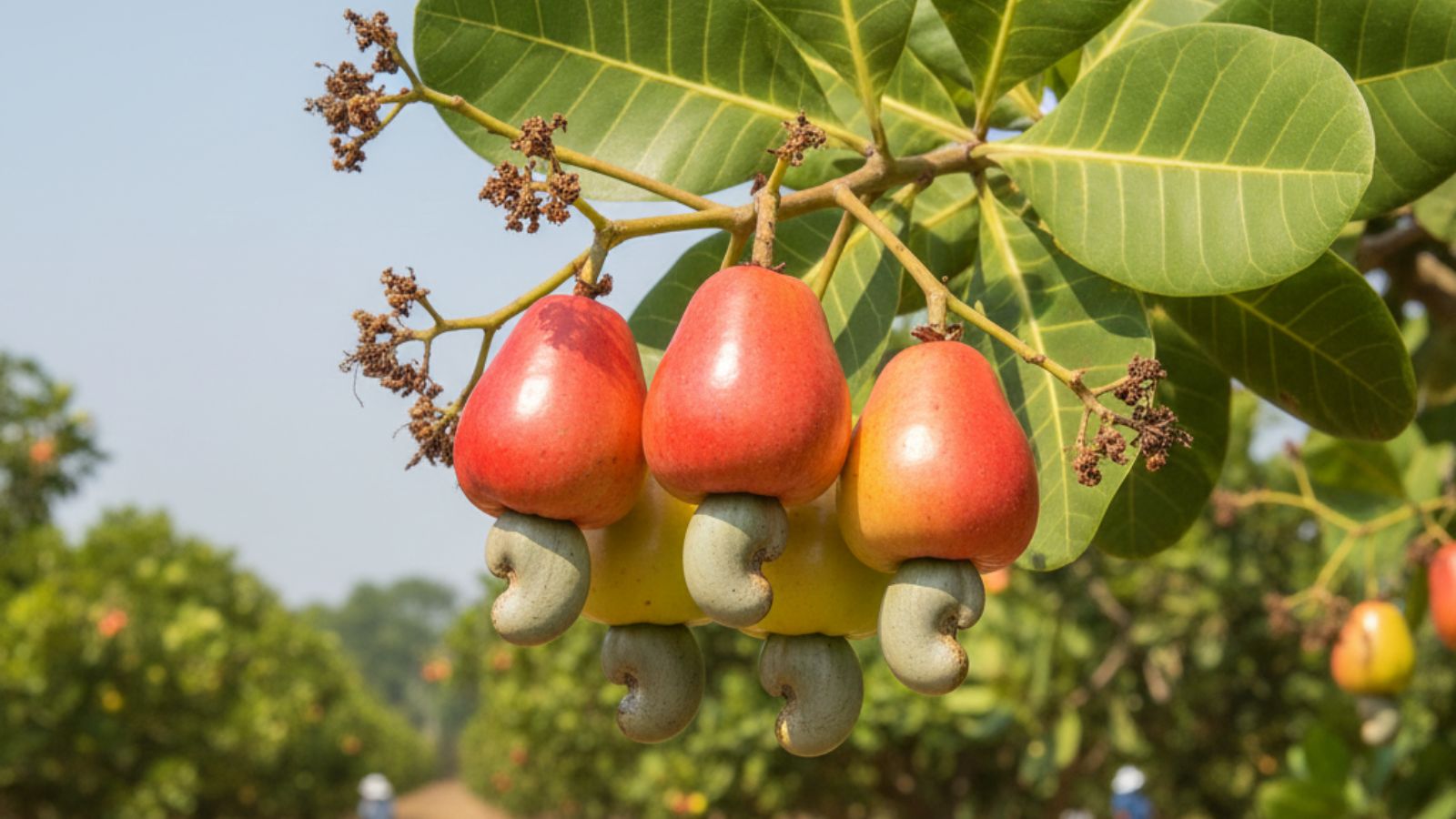 Cluster of red cashew apples hanging from tree with leaves visible