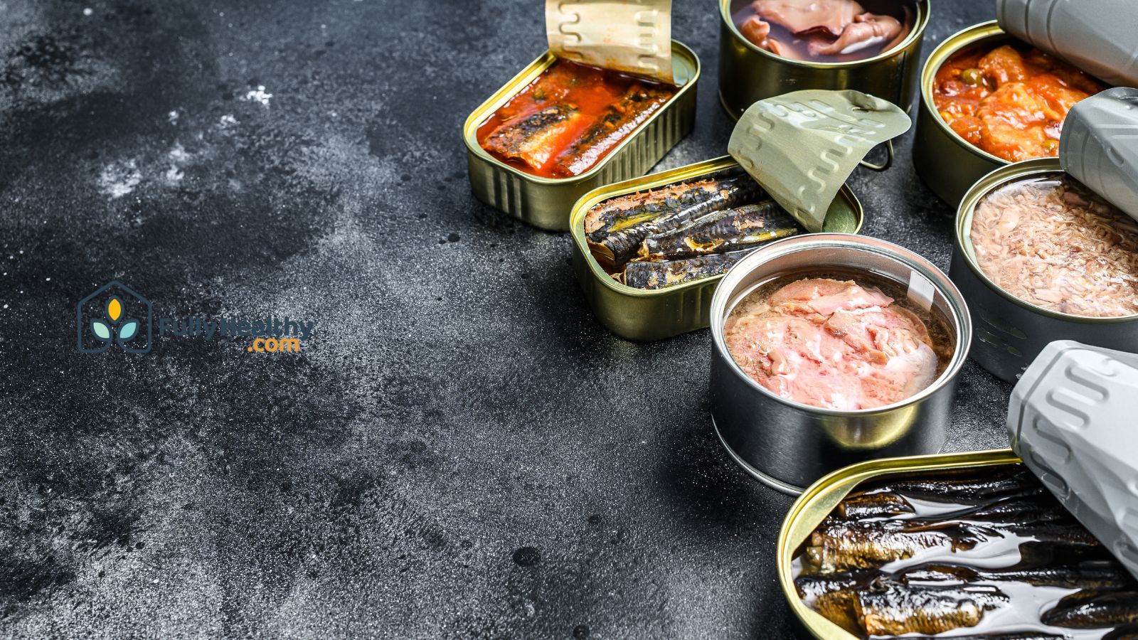 Assorted canned tuna and seafood opened on dark stone background