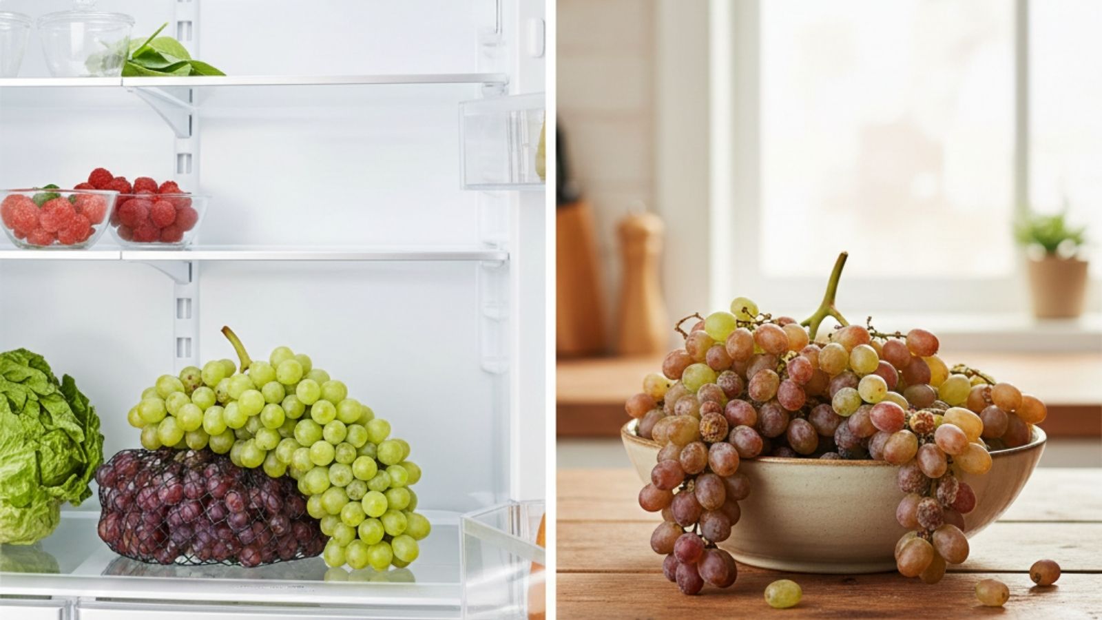 Grapes stored in fridge compared with bowl of grapes on counter