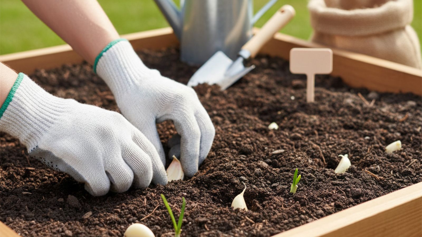 Planting garlic cloves with gloves in sunlit raised garden bed