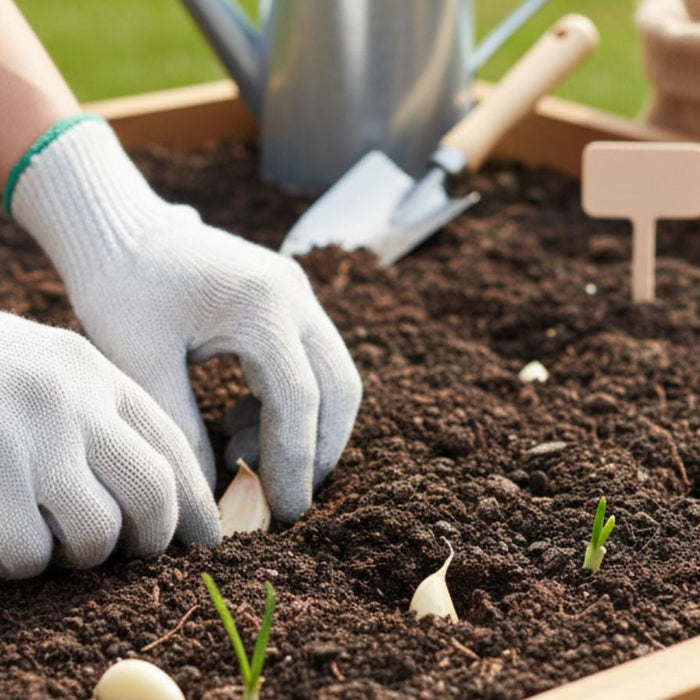Planting garlic cloves with gloves in sunlit raised garden bed
