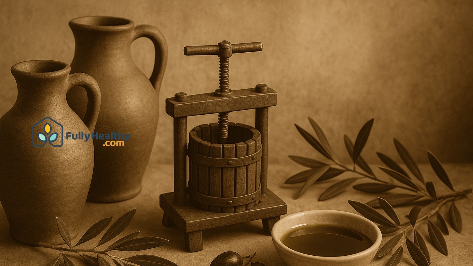 Vintage olive press with oil bowl and clay jars for traditional making.