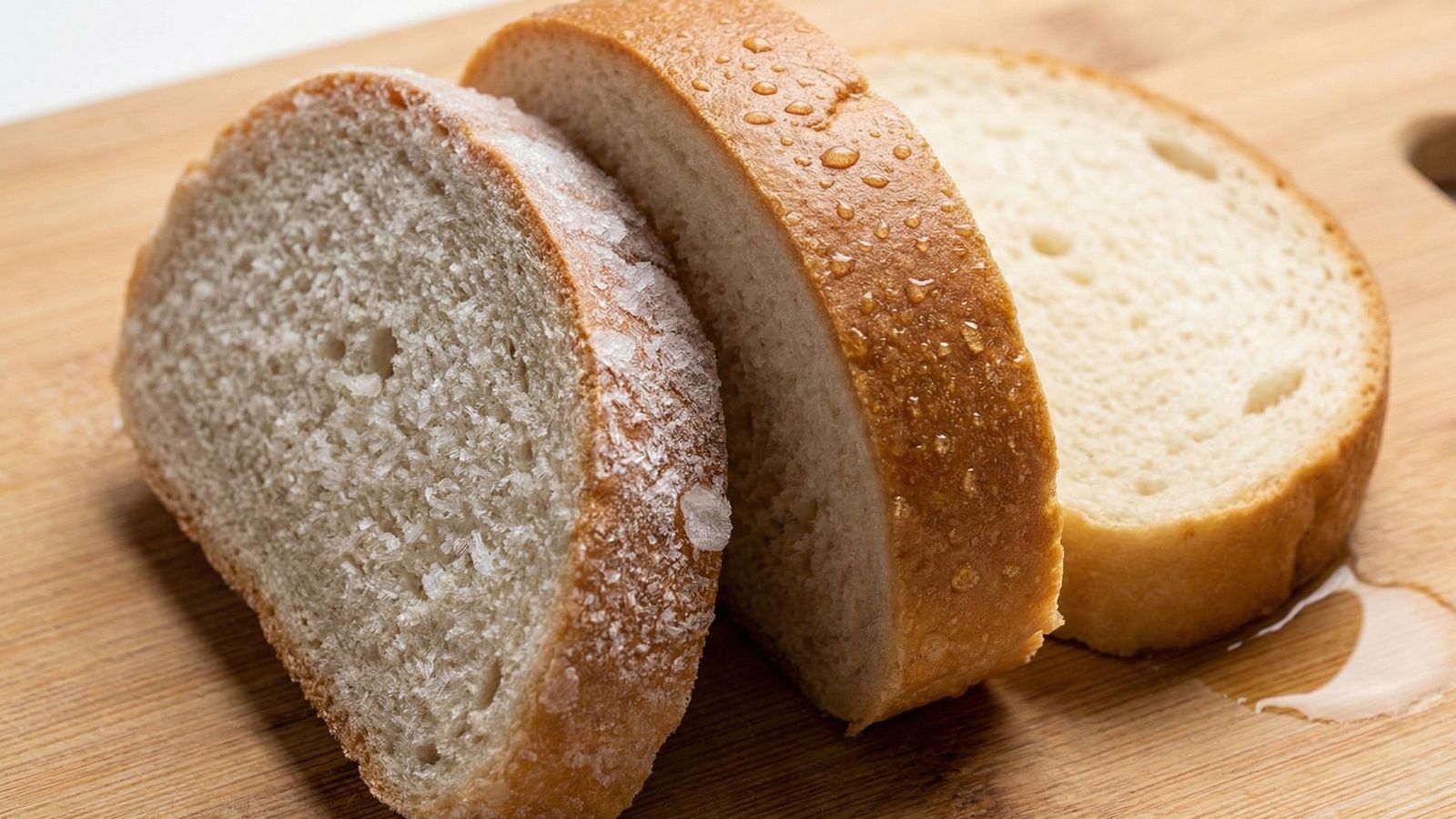 Sliced white bread loaf with coarse salt crystals on cutting board