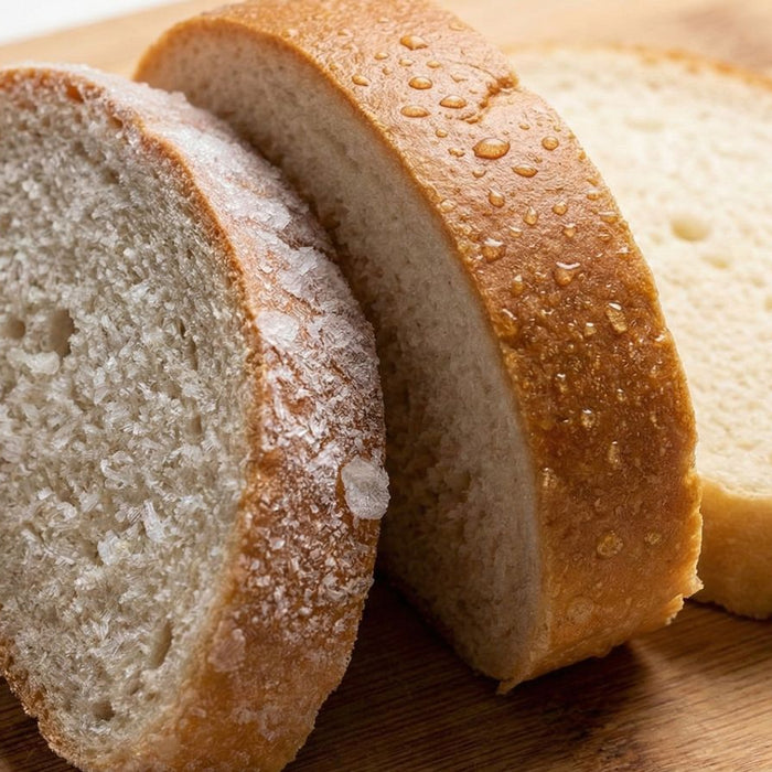 Sliced white bread loaf with coarse salt crystals on cutting board