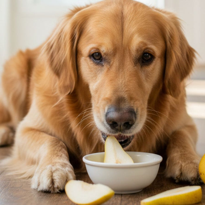 Golden retriever eats pear slice from bowl on floor; pear pieces near.