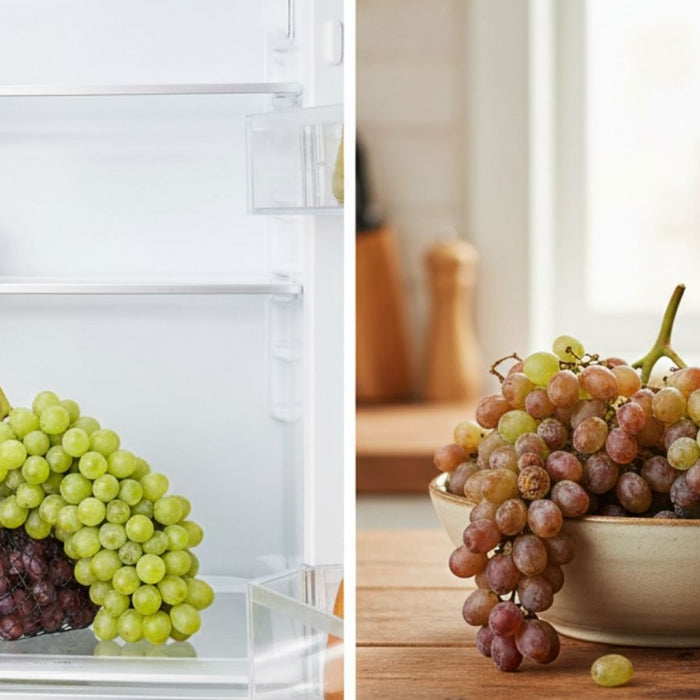 Grapes stored in fridge compared with bowl of grapes on counter