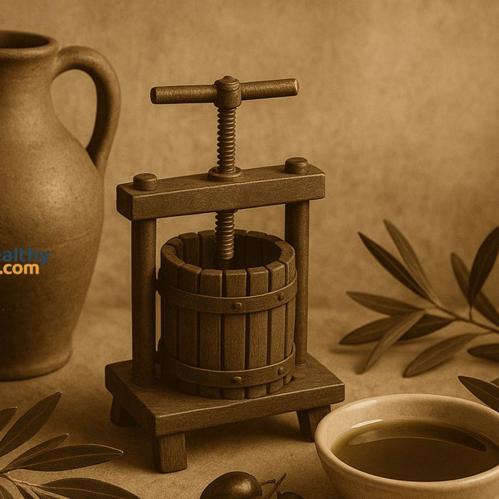 Vintage olive press with oil bowl and clay jars for traditional making.