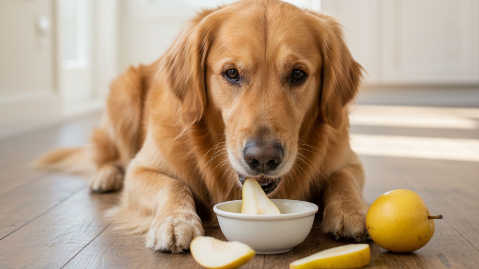 Golden retriever eats pear slice from bowl on floor; pear pieces near.