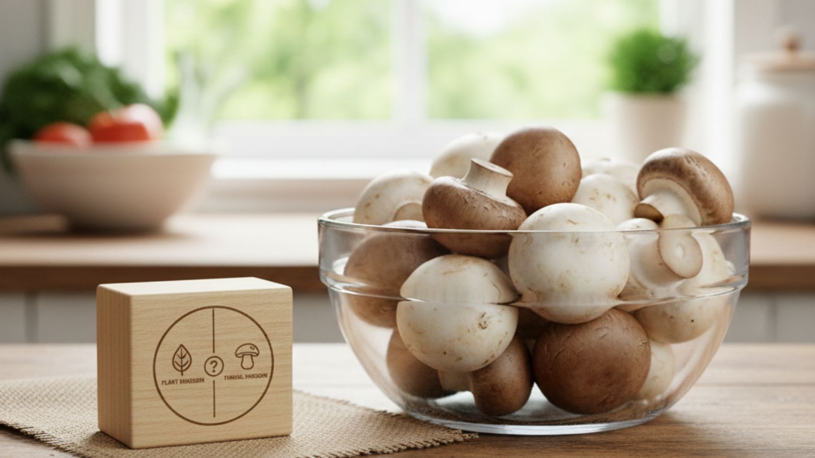 Glass bowl of mushrooms beside block asking plant or vegetable