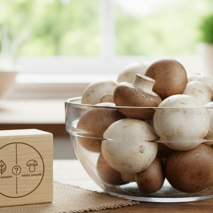 Glass bowl of mushrooms beside block asking plant or vegetable
