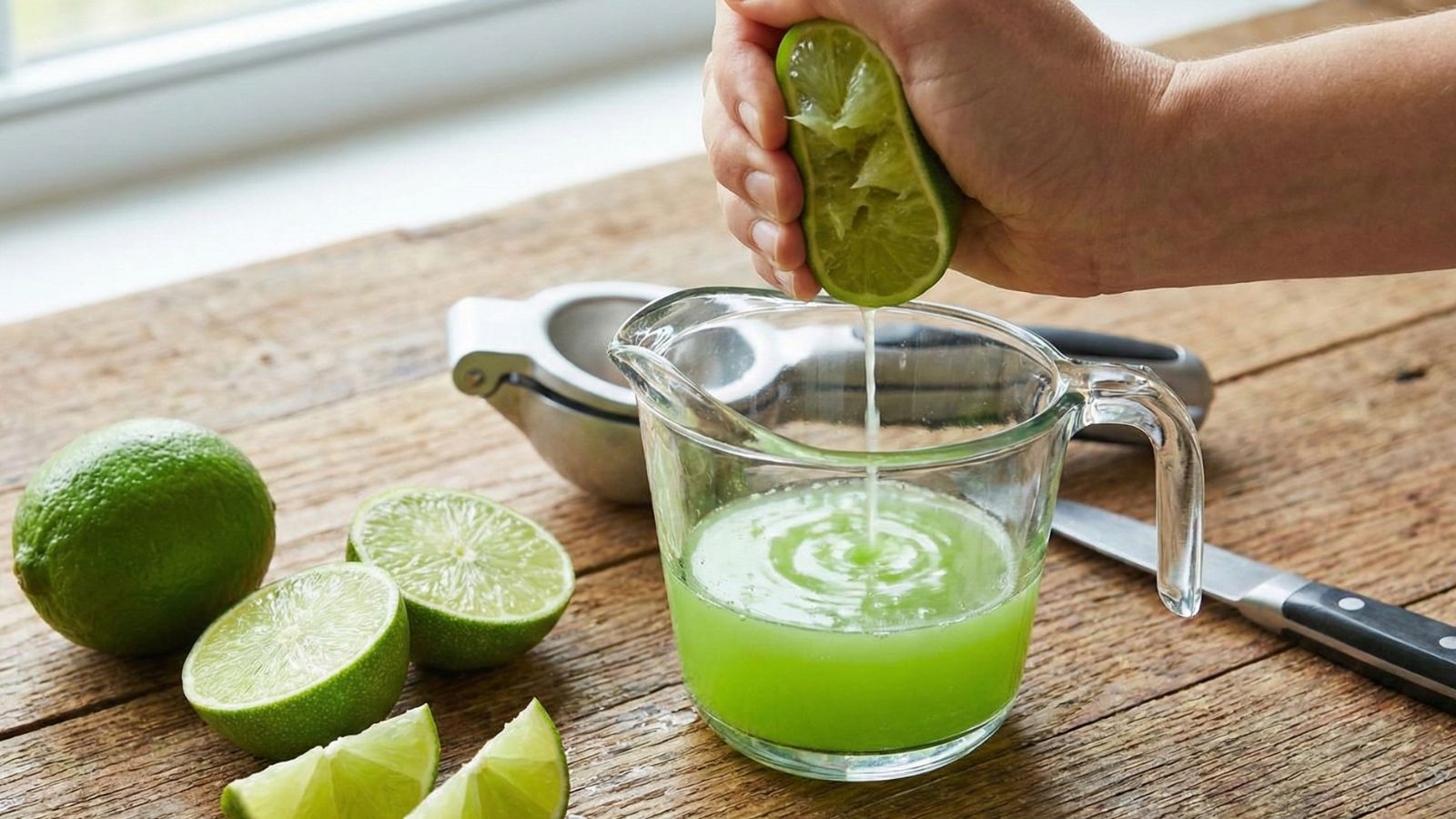 Squeezing fresh lime juice into glass measuring cup