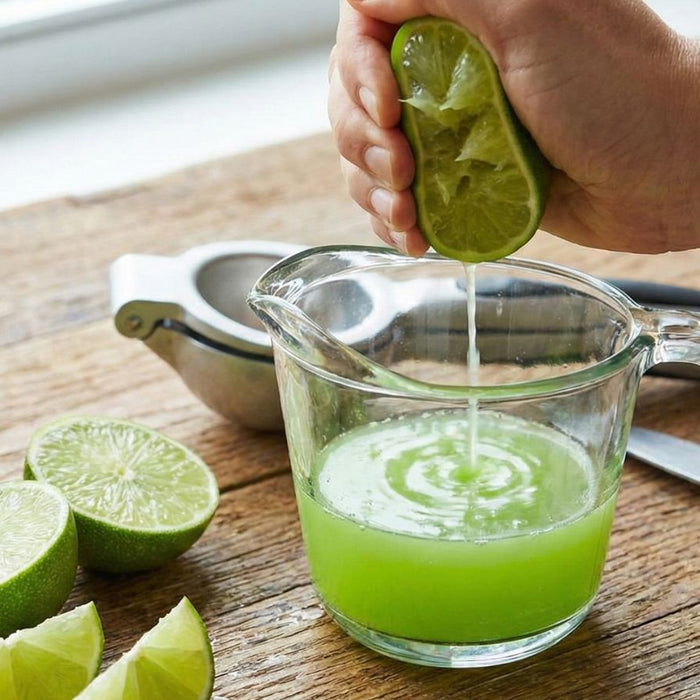 Squeezing fresh lime juice into glass measuring cup