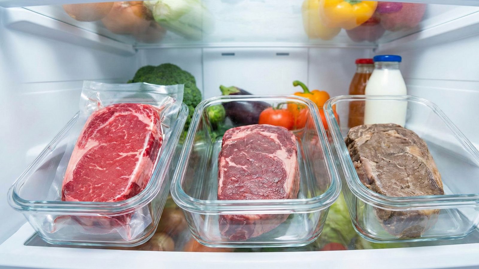 Raw and cooked beef cuts stored in glass containers in fridge