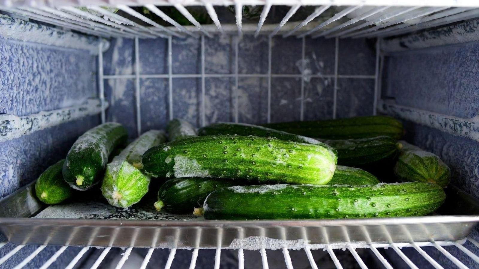 Frozen cucumbers on tray inside an icy freezer compartment indoors