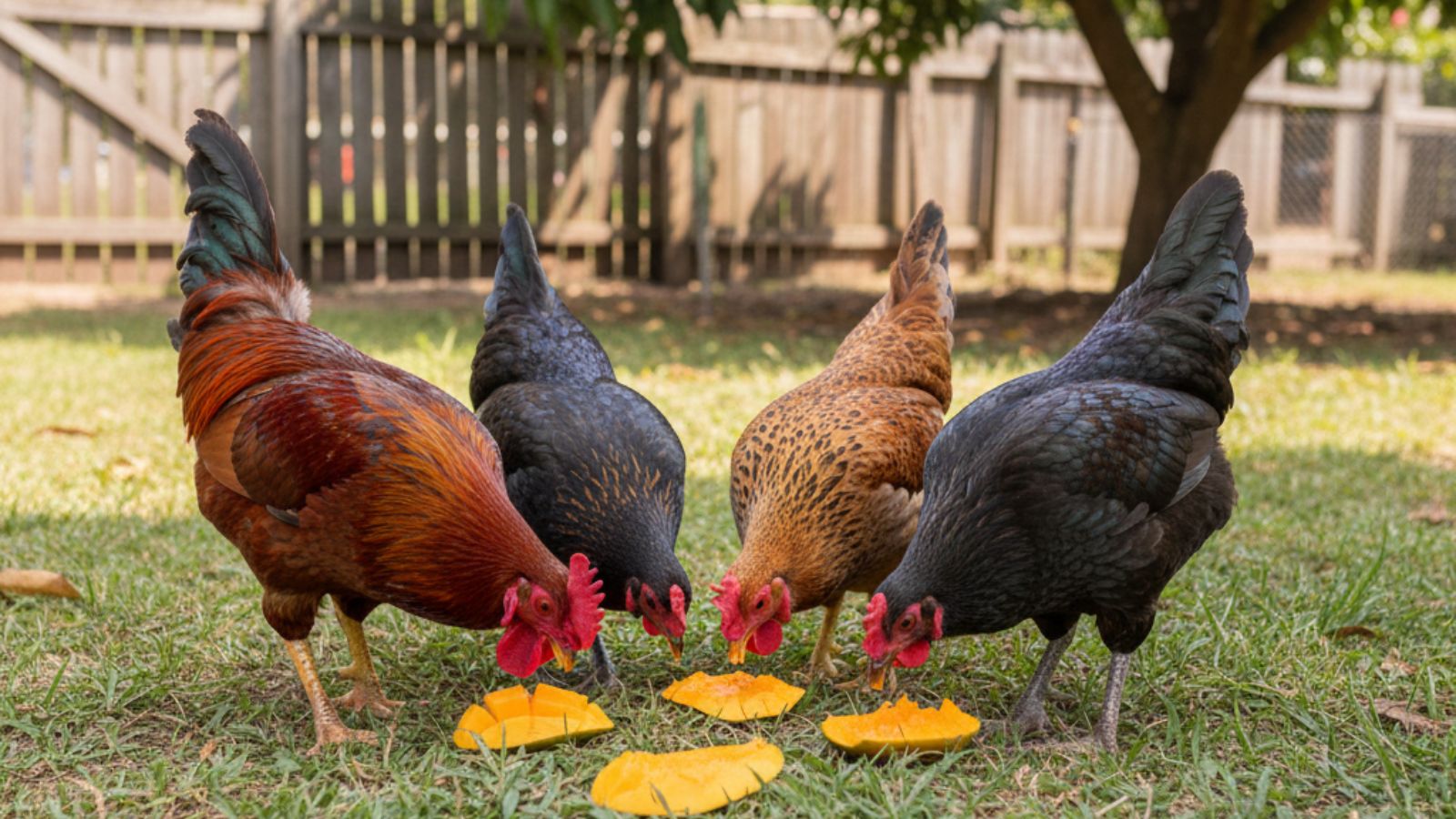 Chickens pecking mango slices on grass in backyard