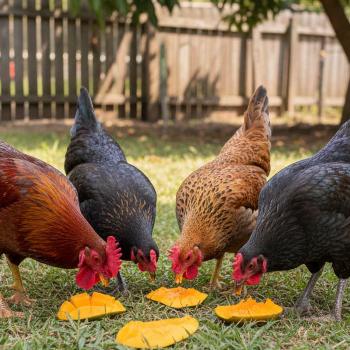 Chickens pecking mango slices on grass in backyard