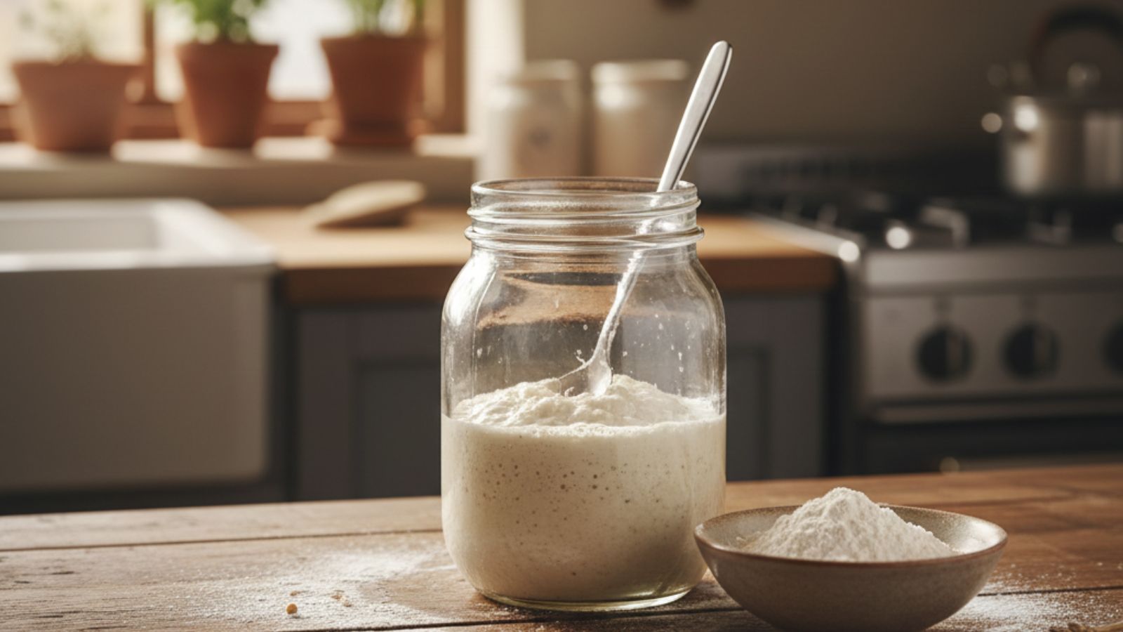 Glass jar of sourdough starter in home kitchen