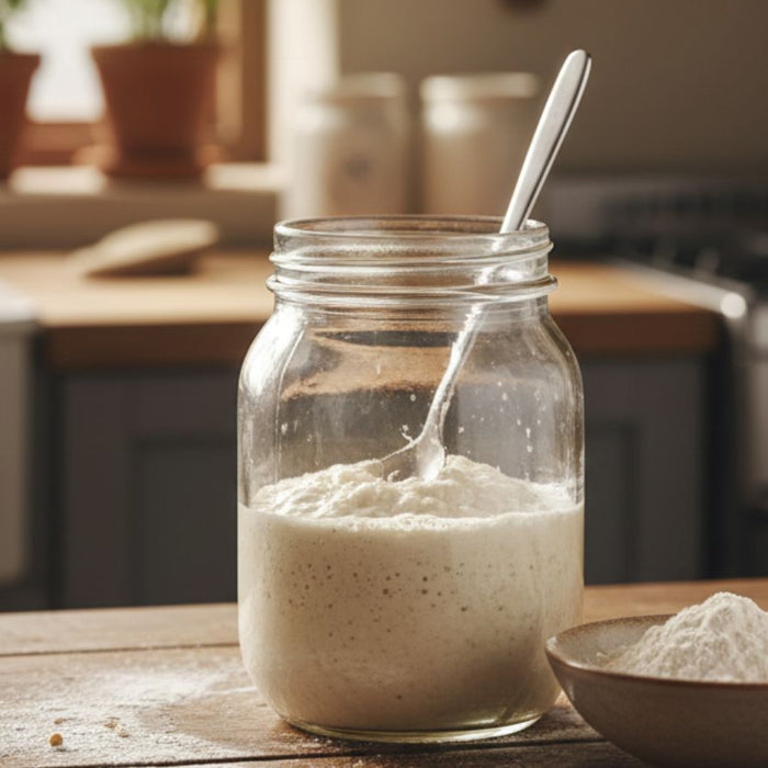 Glass jar of sourdough starter in home kitchen