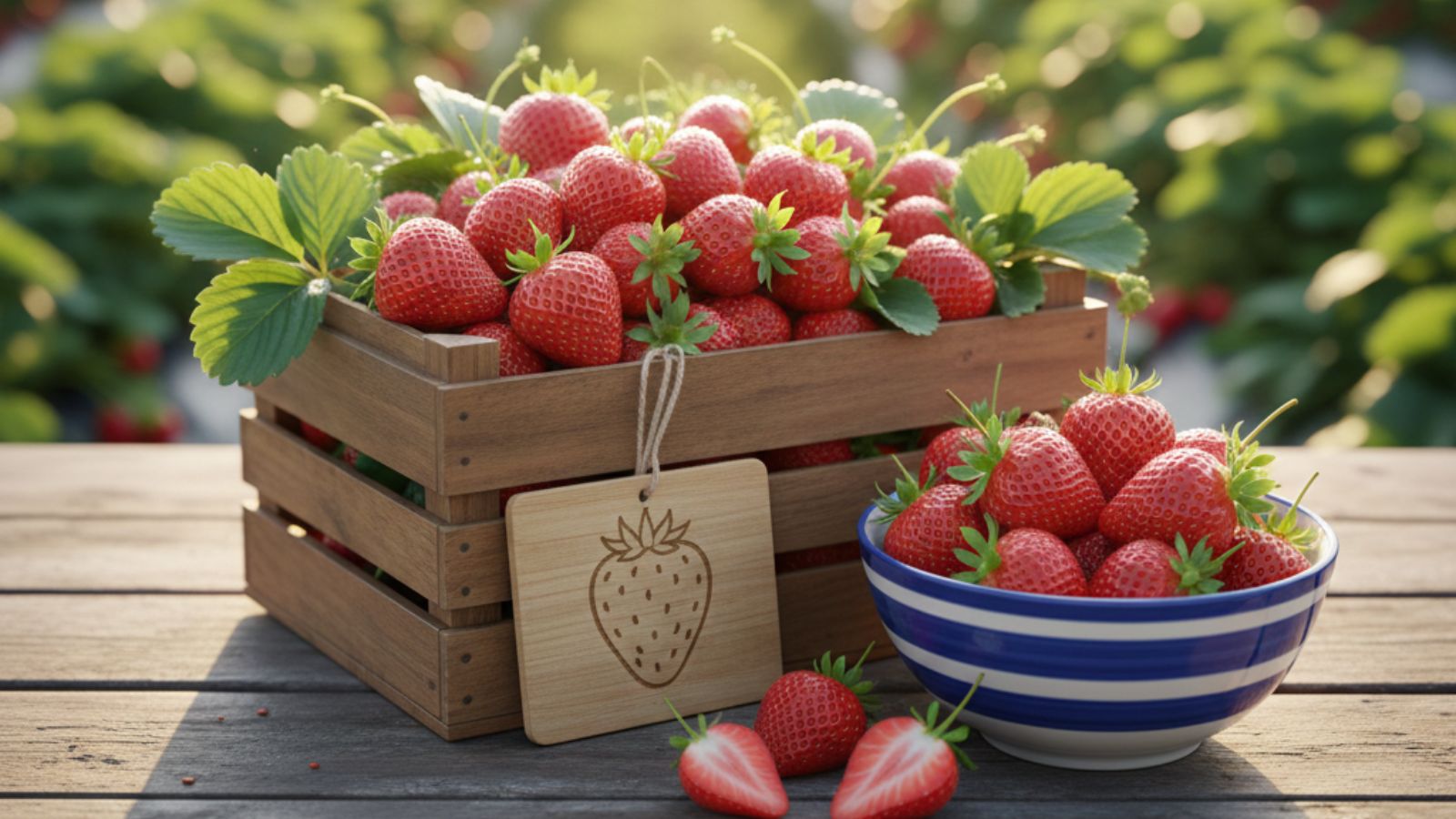 Wooden crate and bowl filled with fresh strawberries on outdoor table