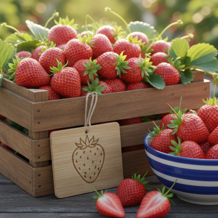 Wooden crate and bowl filled with fresh strawberries on outdoor table