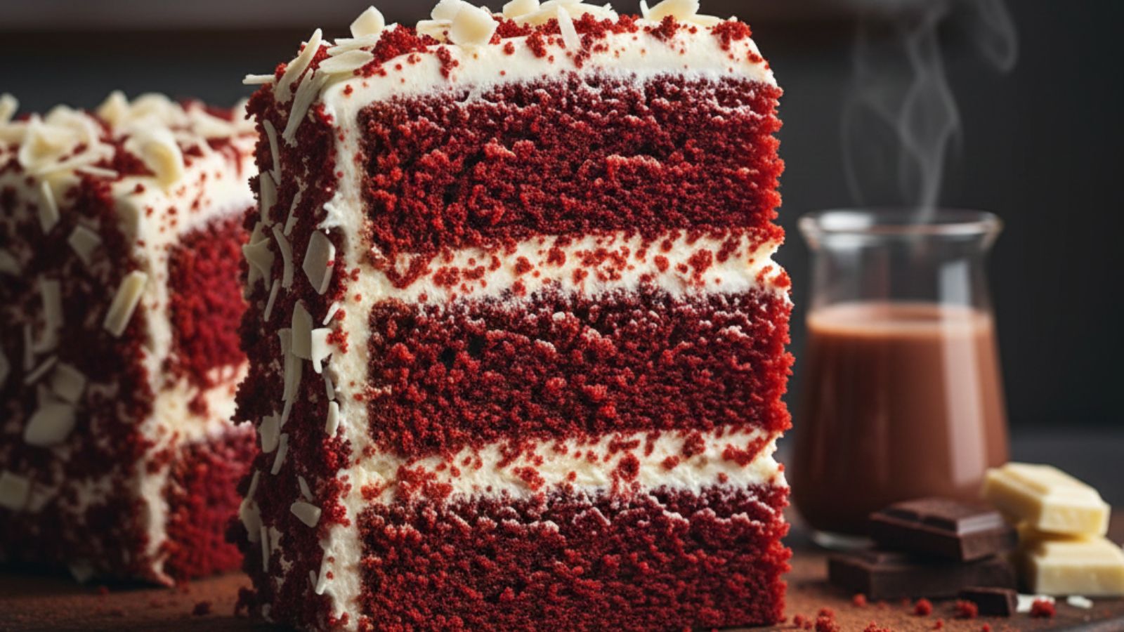 Slice of red velvet cake with cream cheese frosting and chocolate