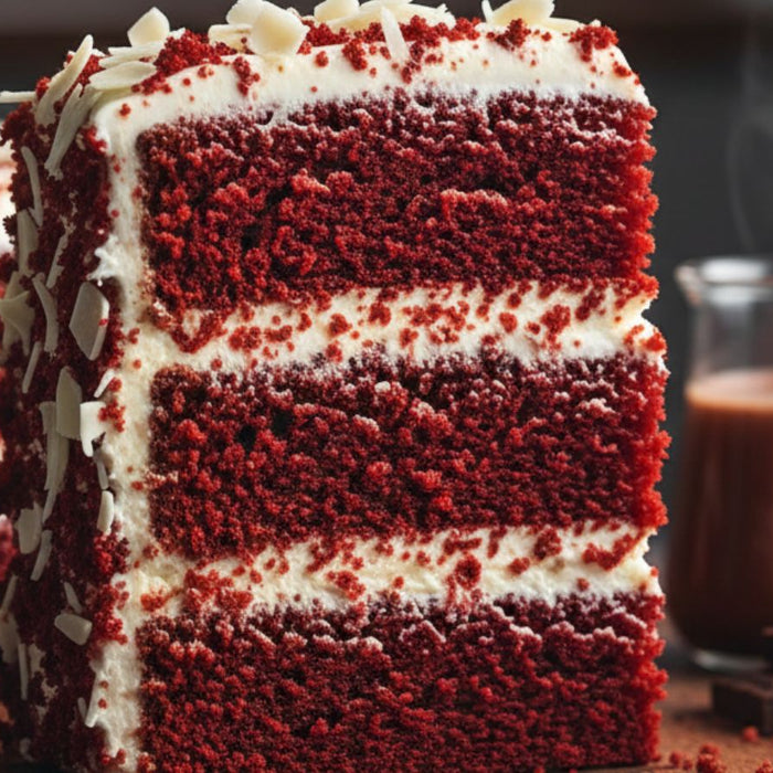 Slice of red velvet cake with cream cheese frosting and chocolate
