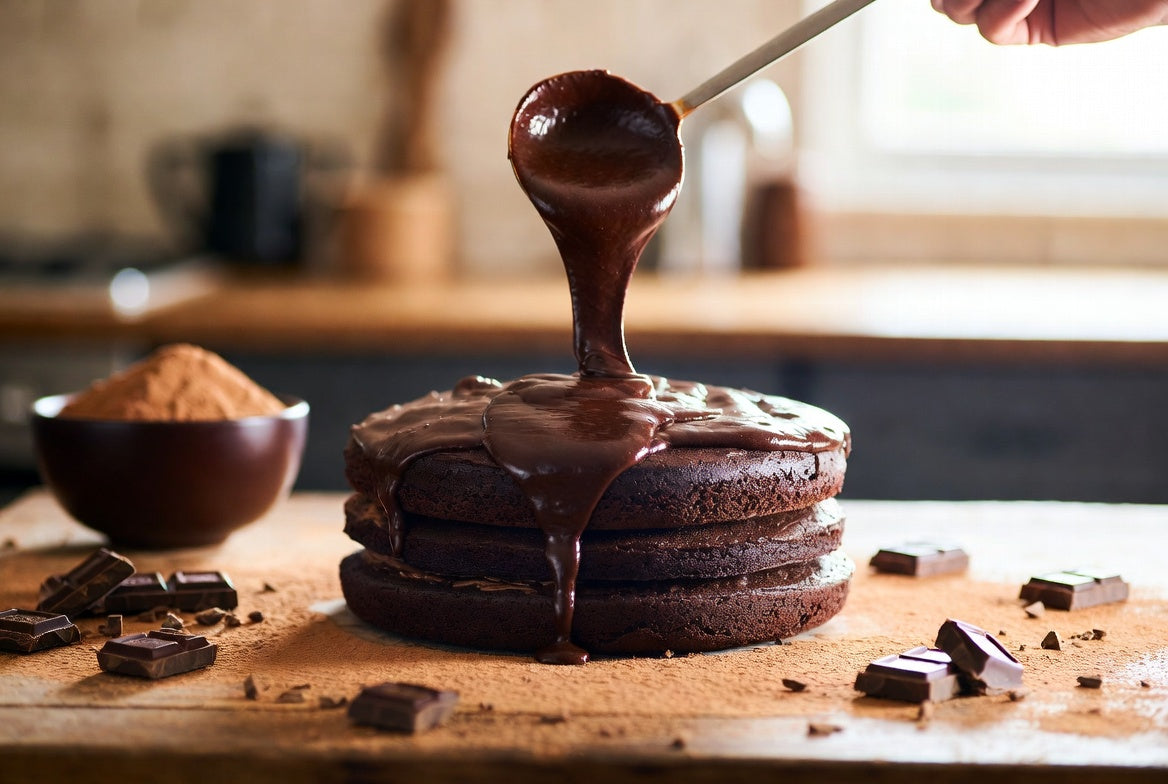 Chocolate ganache poured over layered chocolate cake on table