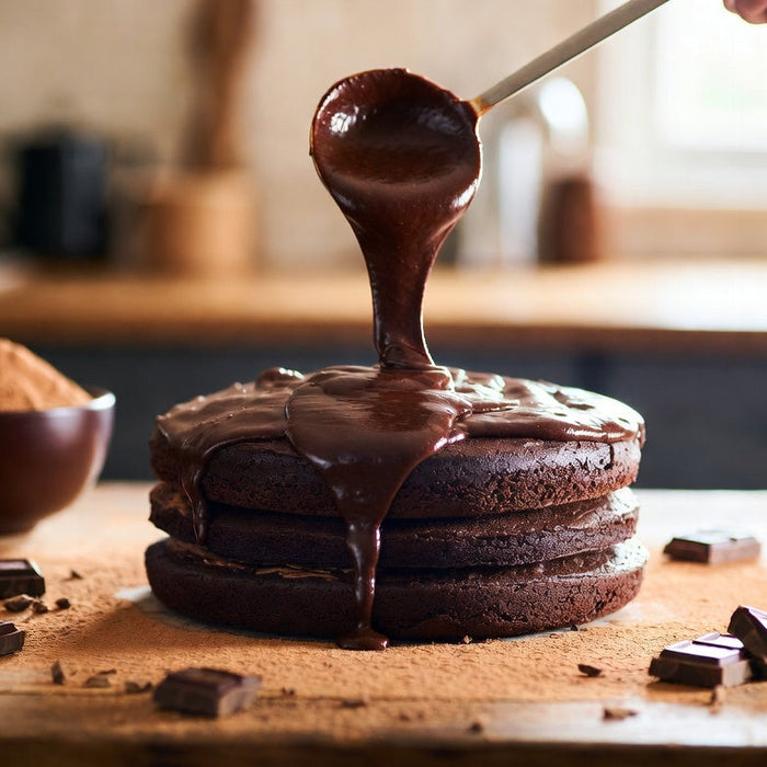 Chocolate ganache poured over layered chocolate cake on table