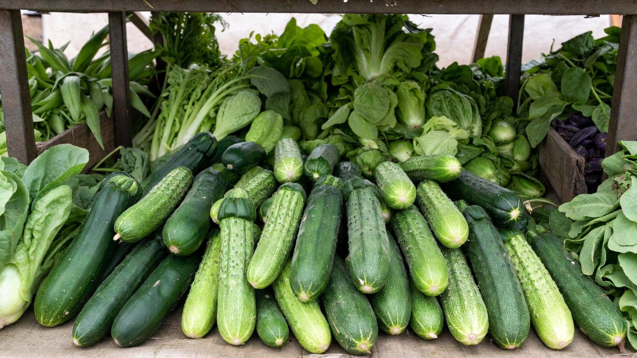 Pile of fresh cucumbers displayed with vibrant greens at market stall