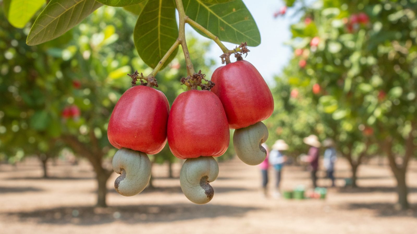 Three ripe red cashew apples growing on tree in plantation orchard