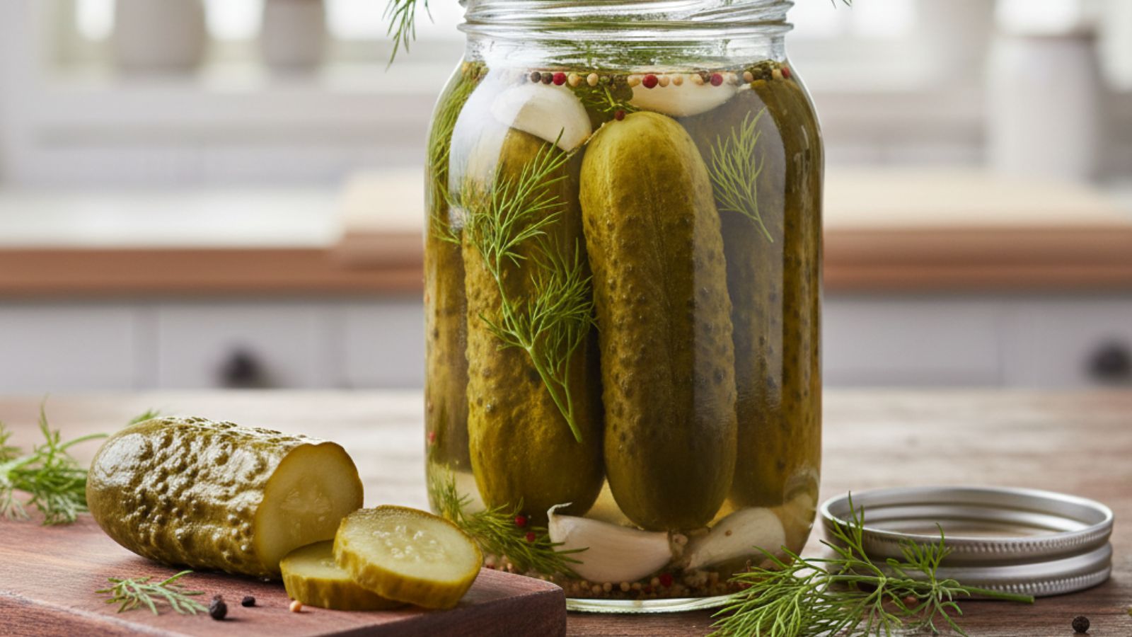 Big pickle jar with dill and garlic; sliced pickle, peppercorns front