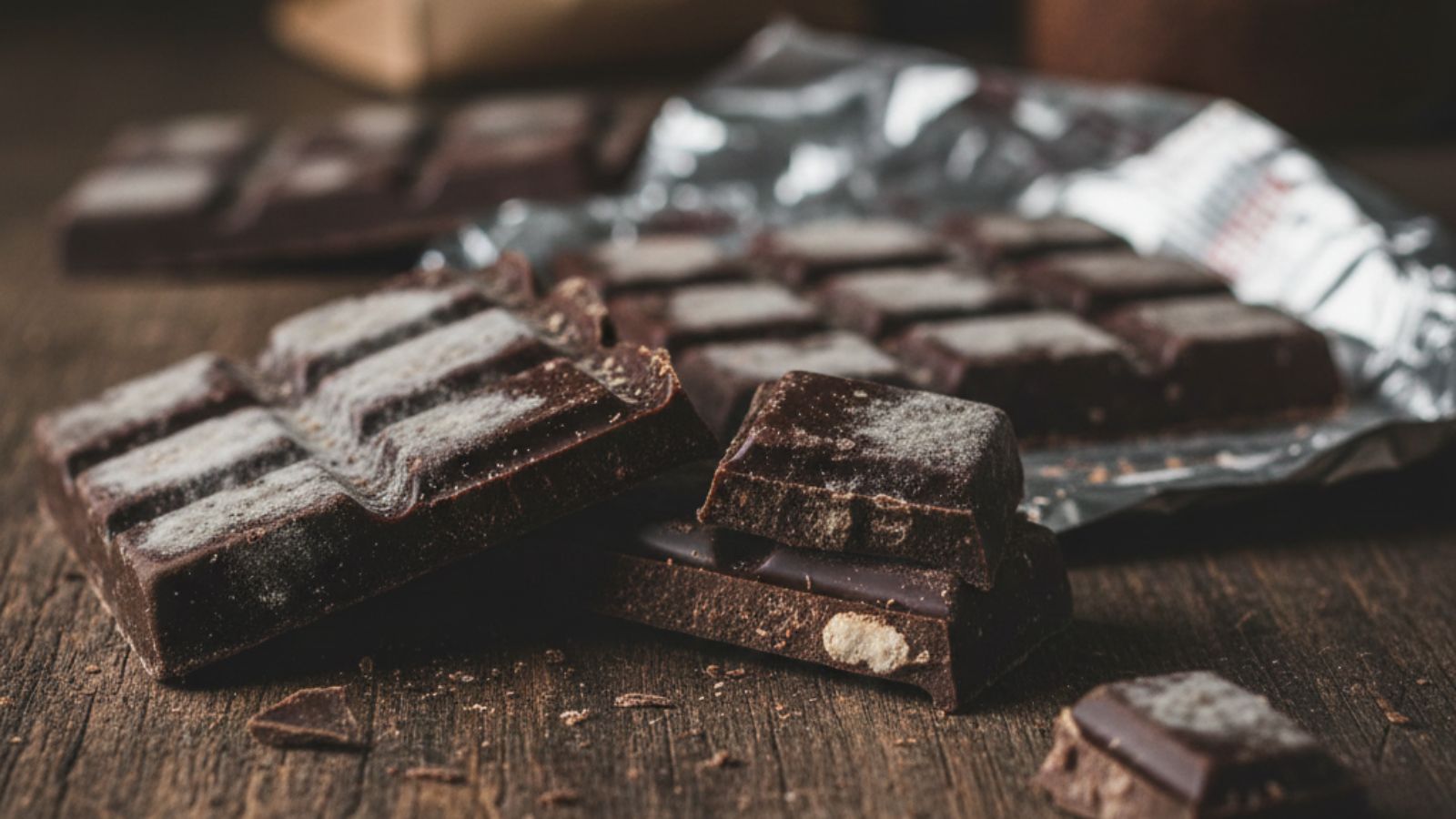 chocolate pieces scattered on rustic wooden surface
