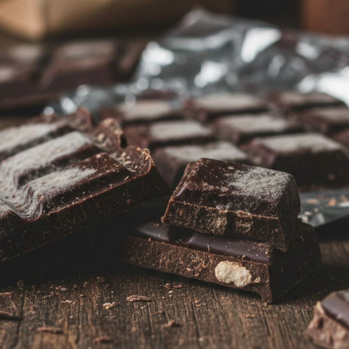 chocolate pieces scattered on rustic wooden surface