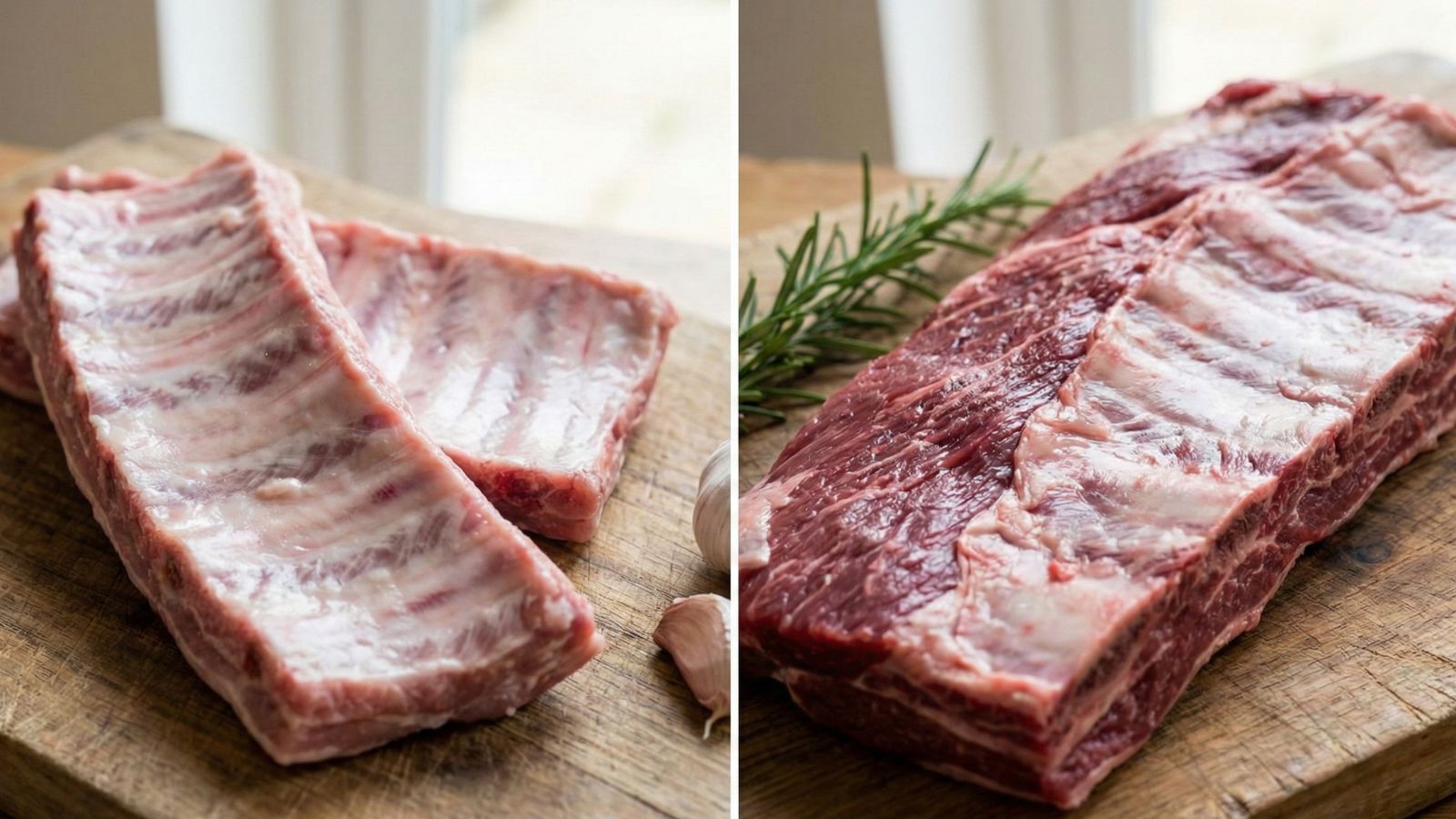 Raw beef ribs and slab of meat on wooden board with garlic