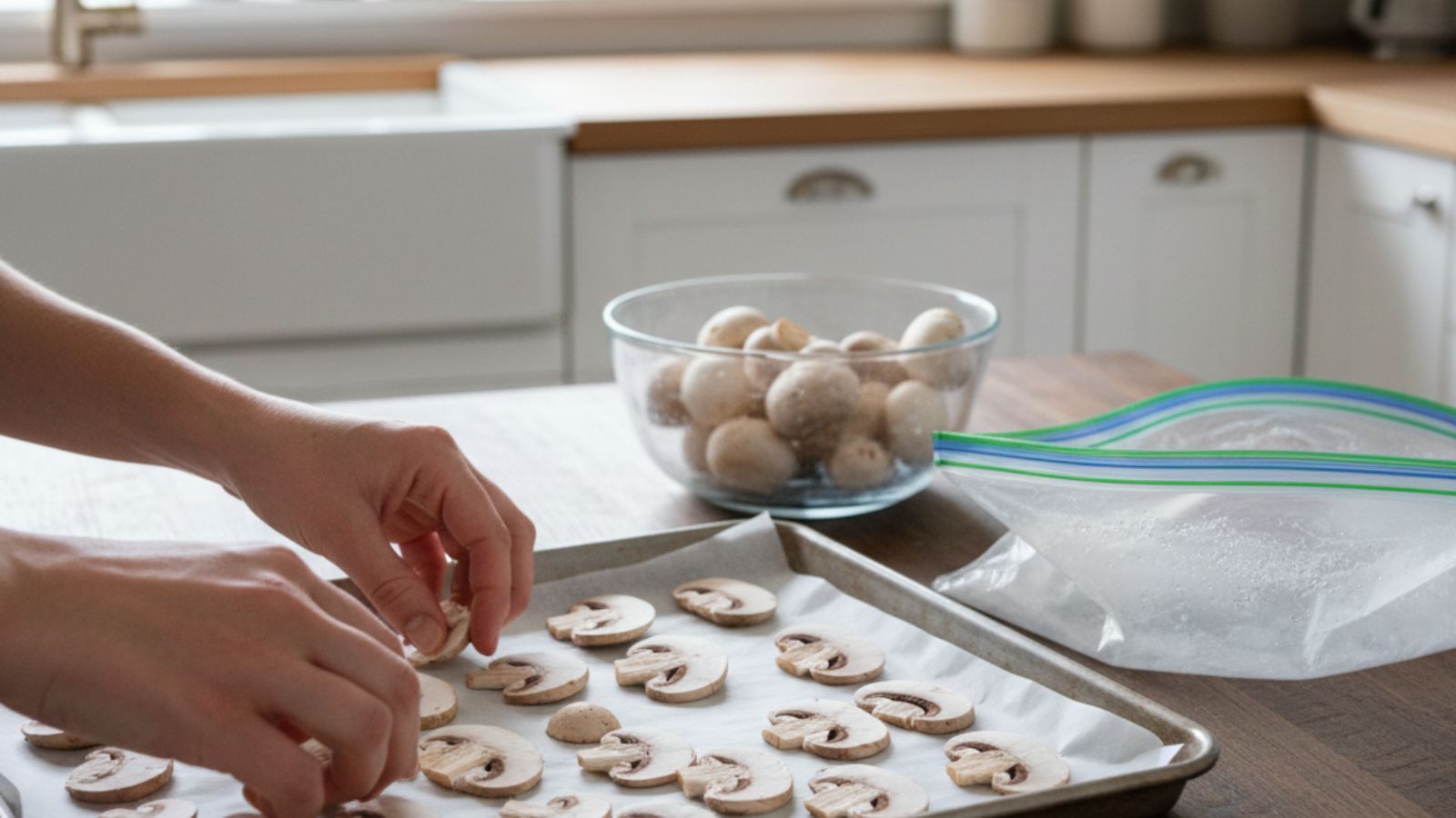 Arrange sliced mushrooms on baking sheet before freezing in bag