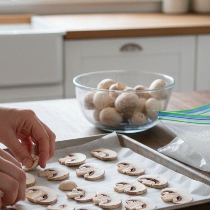 Arrange sliced mushrooms on baking sheet before freezing in bag