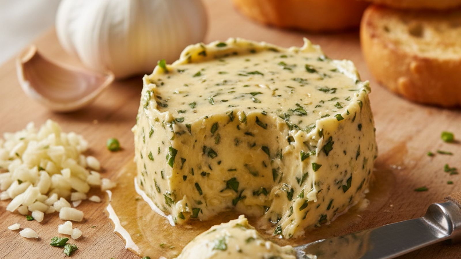 Garlic herb butter with minced garlic and bread slices beside