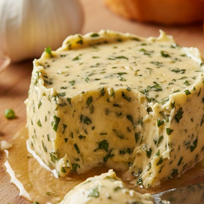 Garlic herb butter with minced garlic and bread slices beside