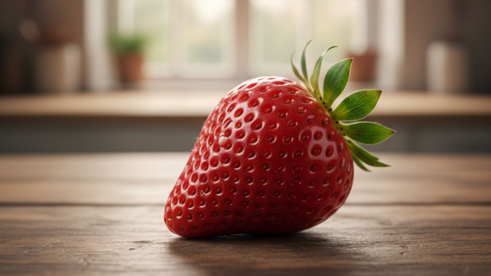 Single ripe strawberry resting on a wooden kitchen table
