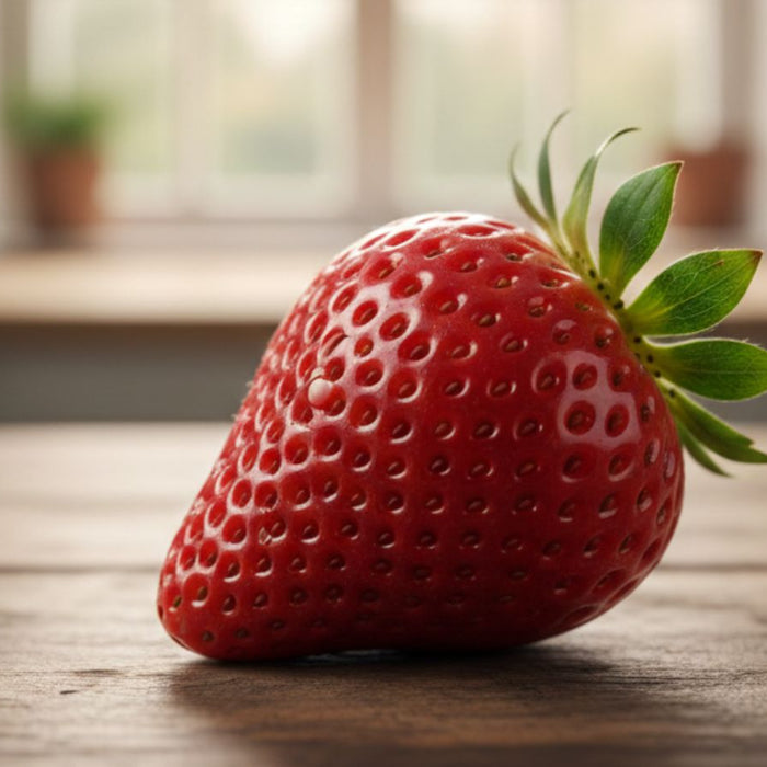 Single ripe strawberry resting on a wooden kitchen table