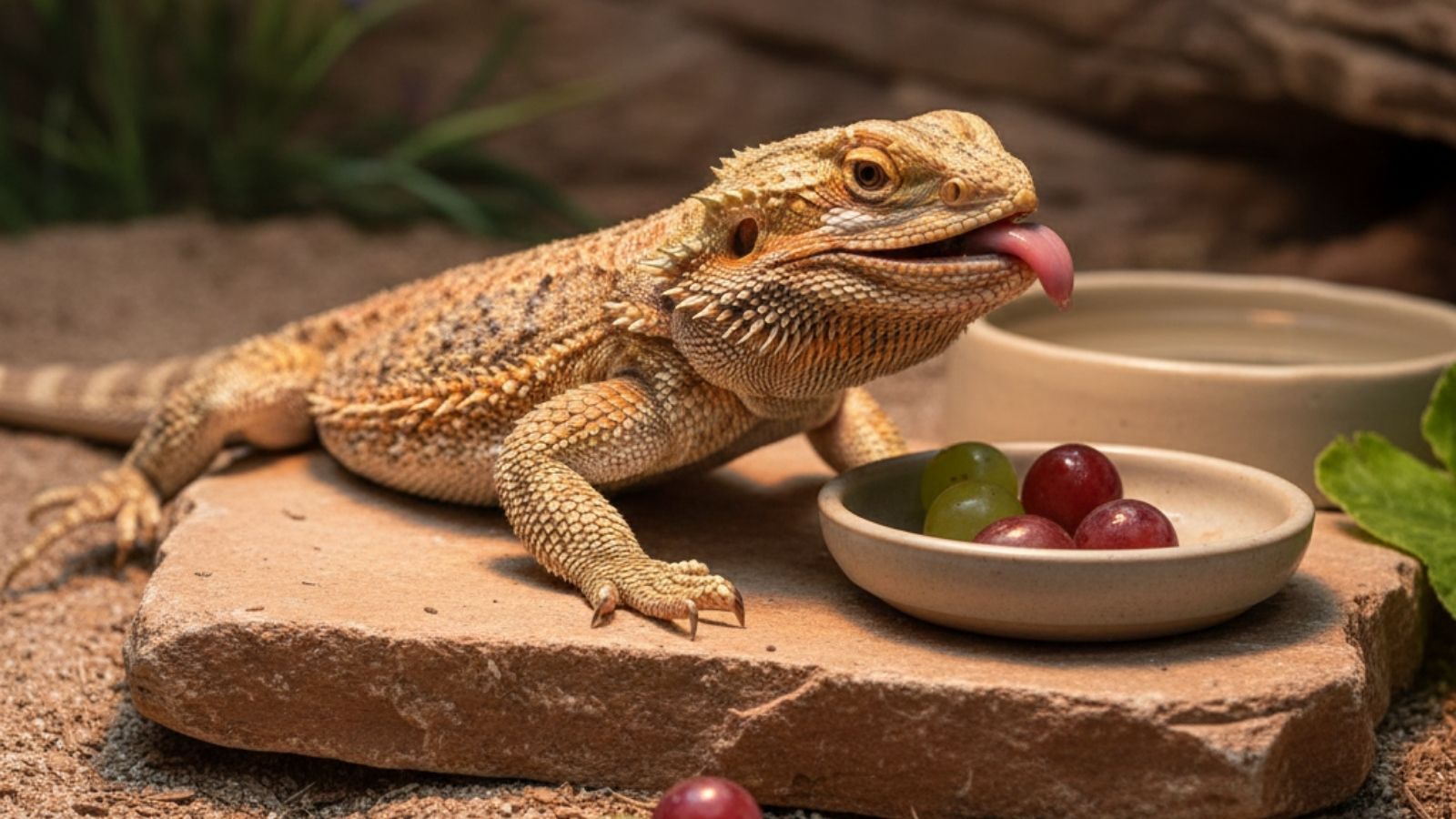 Bearded dragon near bowl of grapes inside terrarium