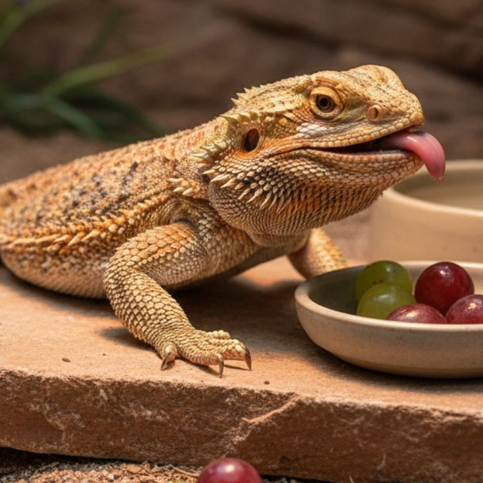 Bearded dragon near bowl of grapes inside terrarium