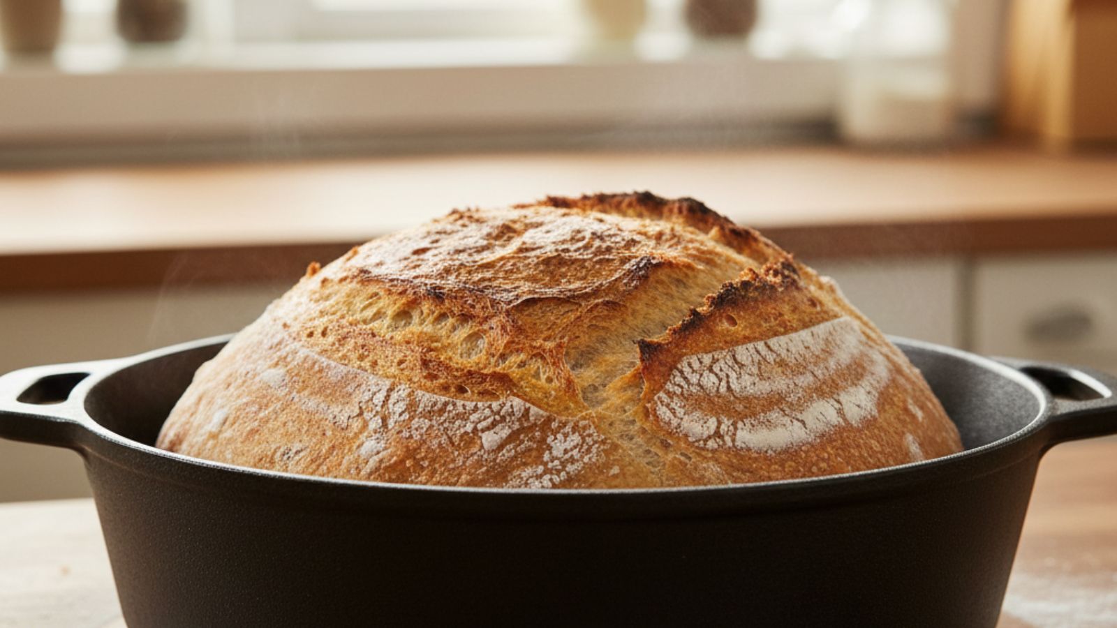 Artisan sourdough bread baked in cast iron pot